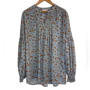 Entro orange & powder blue billowy tunic blouse w/ pleats detail & long sleeves